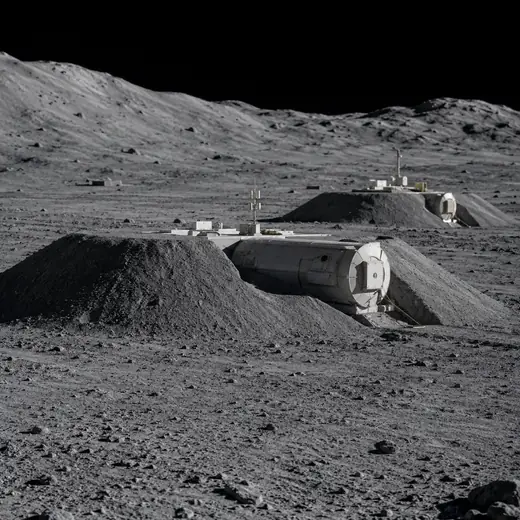 Lunar habitat modules sheltered by regolith berms