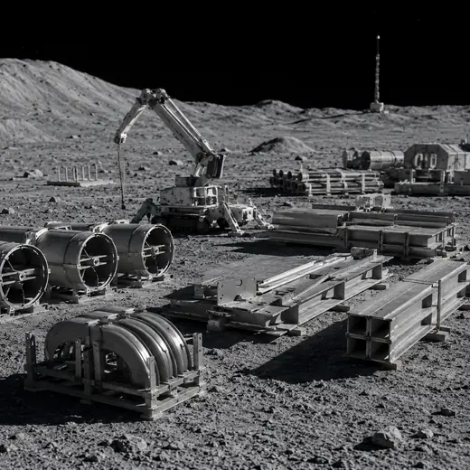 A lunar construction yard with cast metal beams